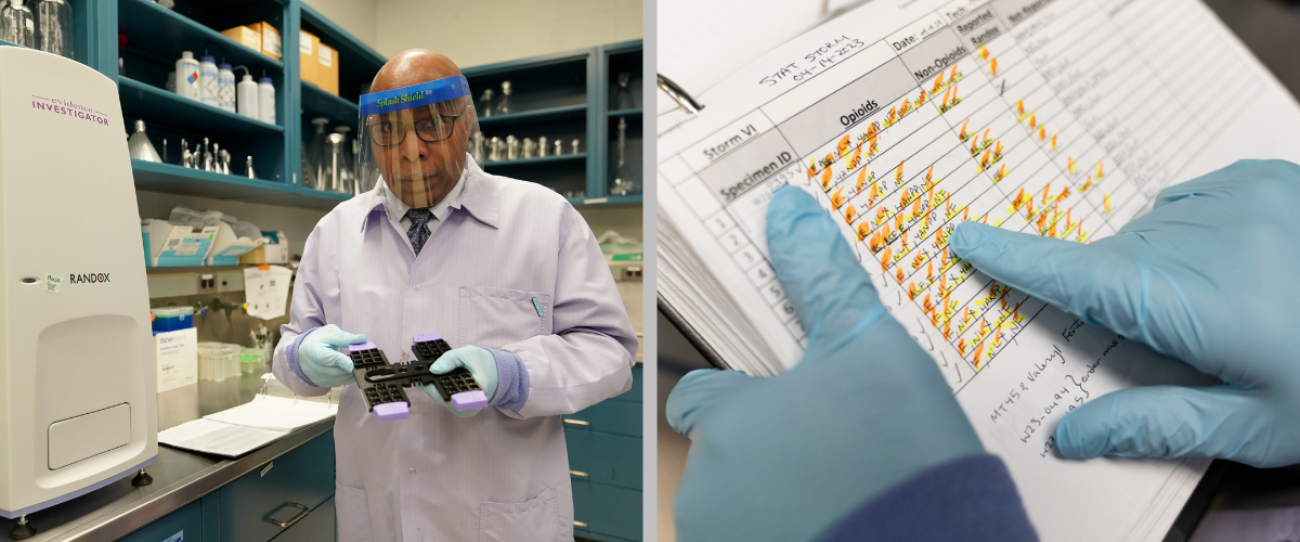 Split photo: On the left, a man stands in a lab; on the right, a gloved hand points to a spreadsheet