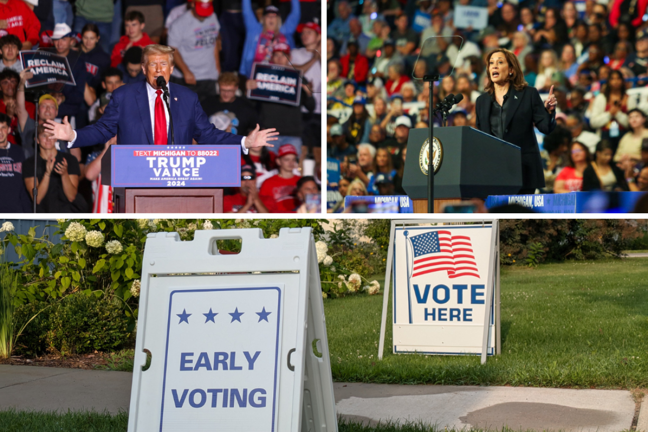 Donald Trump on the left, Kamala Harris on the right, early voting signs at the bottom