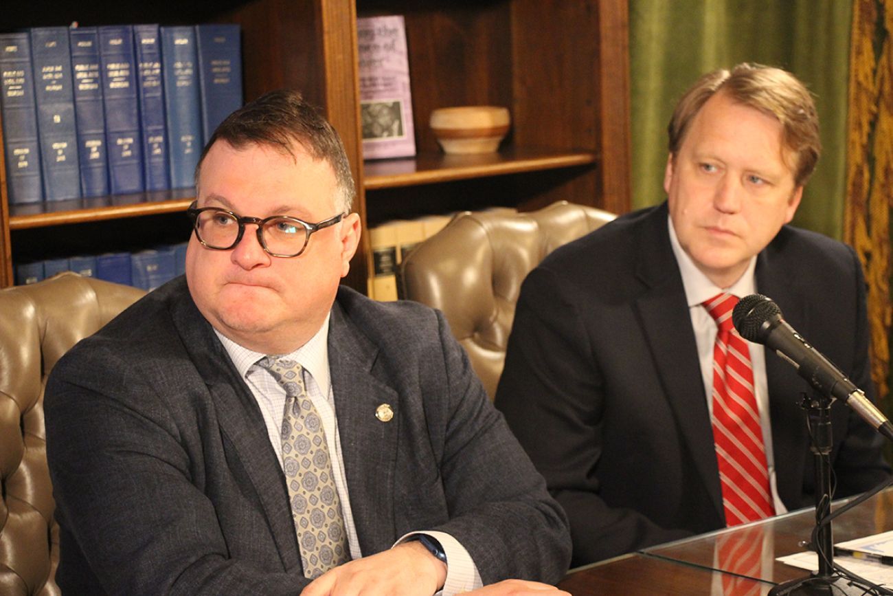 Republican state Rep. Matt Hall sits next to Senate Minority Leader Aric Nesbitt, R-Porter Township