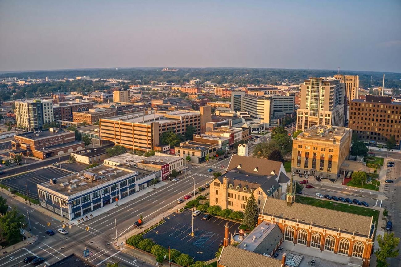 Aerial view of Kalamazoo, Michigan during summer twilight