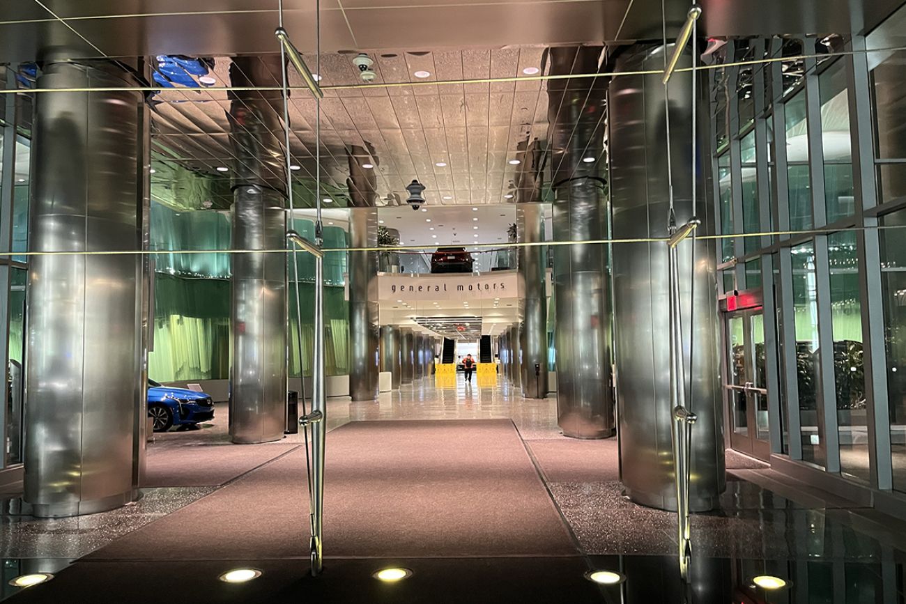 The RenCen’s Jefferson Avenue entrance, which looks glassy