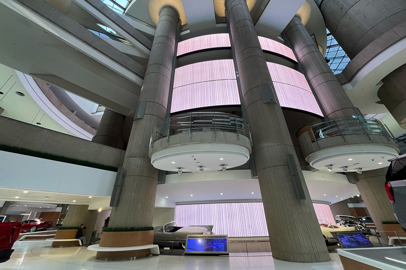 The podium that connects all five RenCen towers in Detroit, Michigan