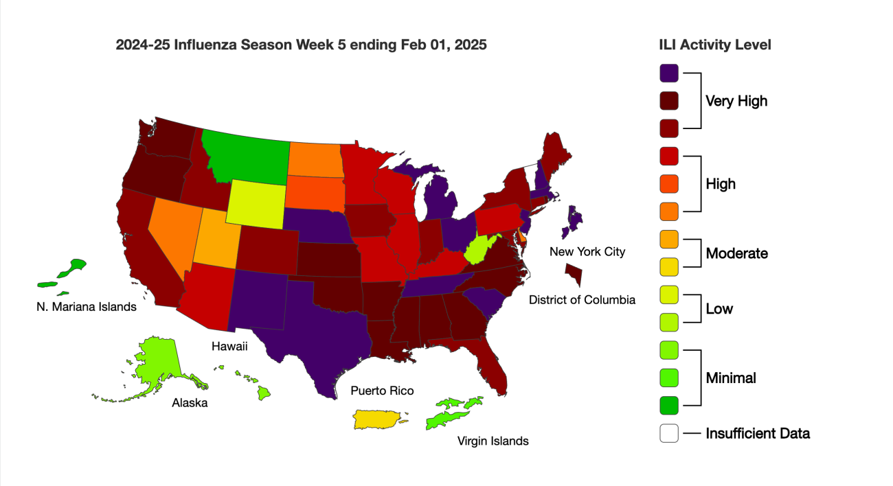 A map showing flu cases are high.