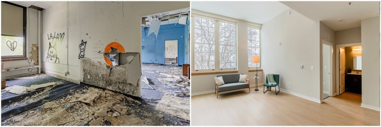 Before and after picture of a renovated apartment