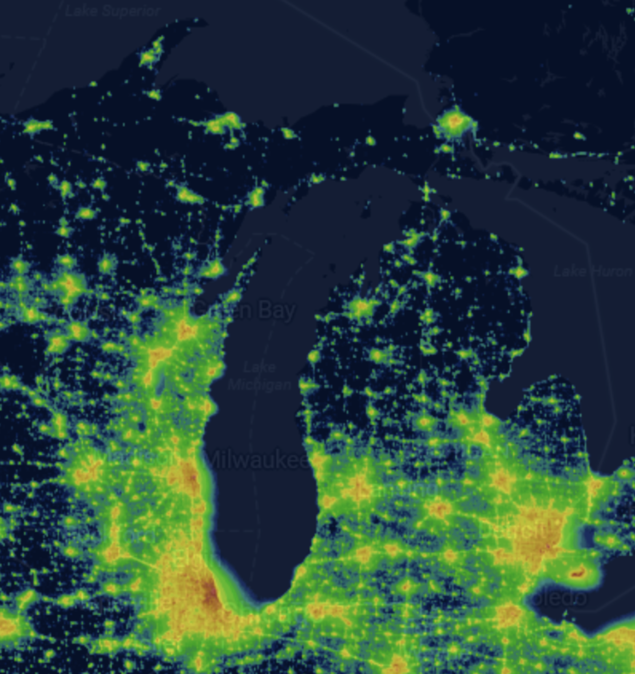 A map highlighting the light pollution around Lake Michigan. 