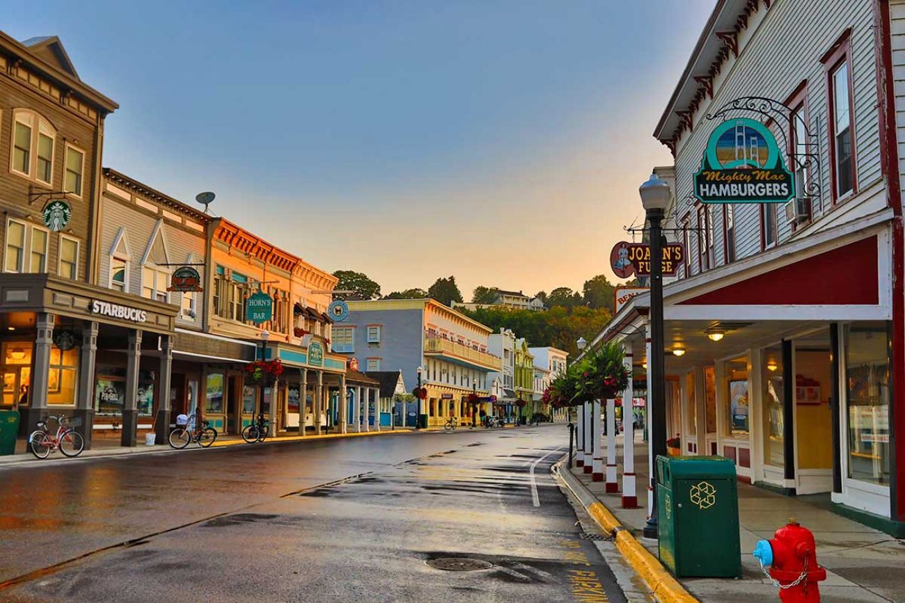 An empty street in downtown Mackinac Island. 