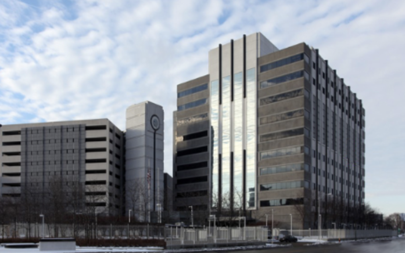 An exterior view of the Rosa Parks Federal Building in Detroit, Michigan.