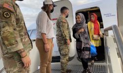 GRAIN scholars Lina Mohammadi, left, and Latifa Salangi, right, step off a plane 