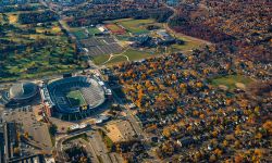 Aerial view of Michigan Stadium, Crisler Arena, Pioneer High School, and much of the west side of Ann Arbor