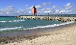 Waves roll in on a fall day at the beach of Charlevoix, Michigan.