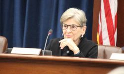 Mary Ellen Gurewitz sitting at a brown table. She is wearing black