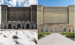 before and after photos of the Michigan Central Station