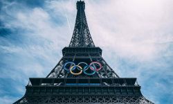 The Olympic Rings installed on the Eiffel Tower ahead of the Paris 2024 Olympic Games.