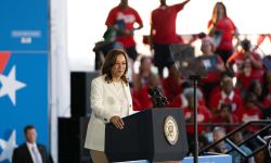 Kamala Harris at a podium in metro Detroit