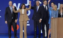 Democratic presidential nominee Vice President Kamala Harris and President Joe Biden on stage with second gentleman Doug Emhoff, left, and first lady Jill Biden, right, on the stage at the DNC