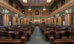 empty House of Representatives chamber at the Michigan State Capitol building