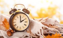 Alarm clock, acorns, scarf and autumn leaves on table outdoors