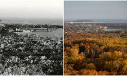 A black and white photo of downtown Marquette on the left and a photo of downtown Marquette; featuring trees with fall colors