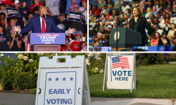 Donald Trump on the left, Kamala Harris on the right, early voting signs at the bottom