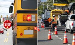 School bus on the left and construction on the right