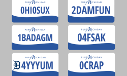 A graphic of the banned license plates in Michigan including, "0CRAP" and "OHIOSUX"