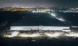 An aerial photo of the former Ultium Cells EV battery factory near Lansing, Michigan. The photo was taken at night.