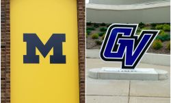 University of Michigan logo on the left and a Grand Valley State University logo on the right