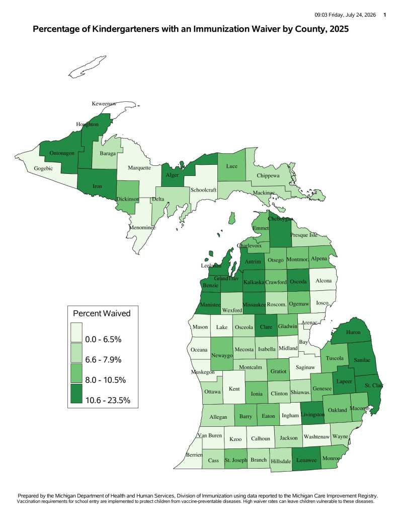 state map showing percentage of kindergartners in 2025 who got a vaccine waiver, by county.
