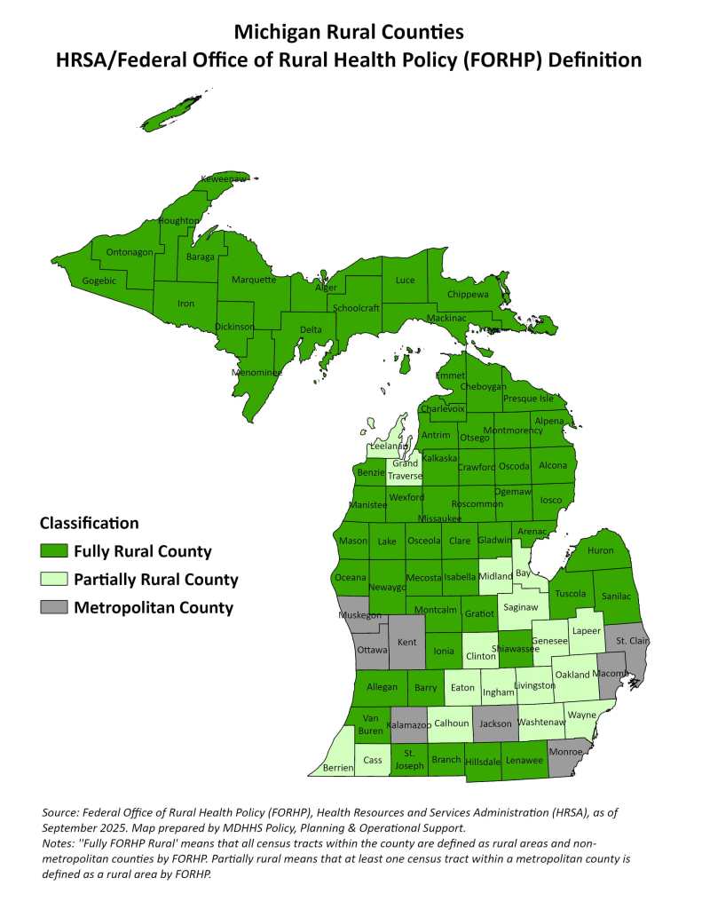 state of Michigan map with shades of green denoting rural versus nonrural counties