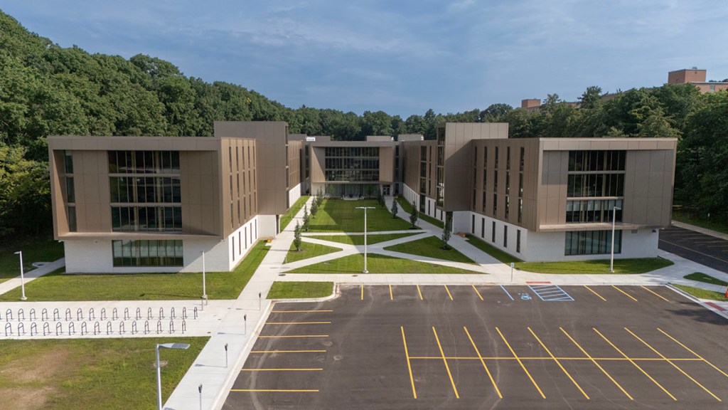 An aerial of a new dorm on Western Michigan University.