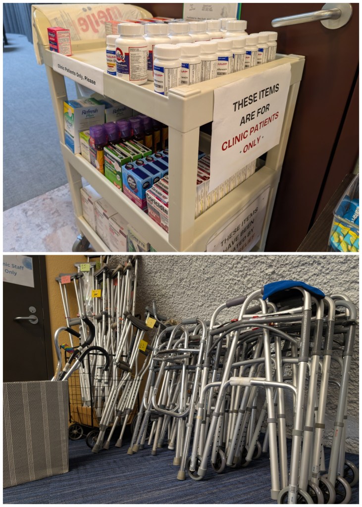 stacked photo collage of a cart filled with pill bottles in a clinic on top and a pile of walkers at the bottom