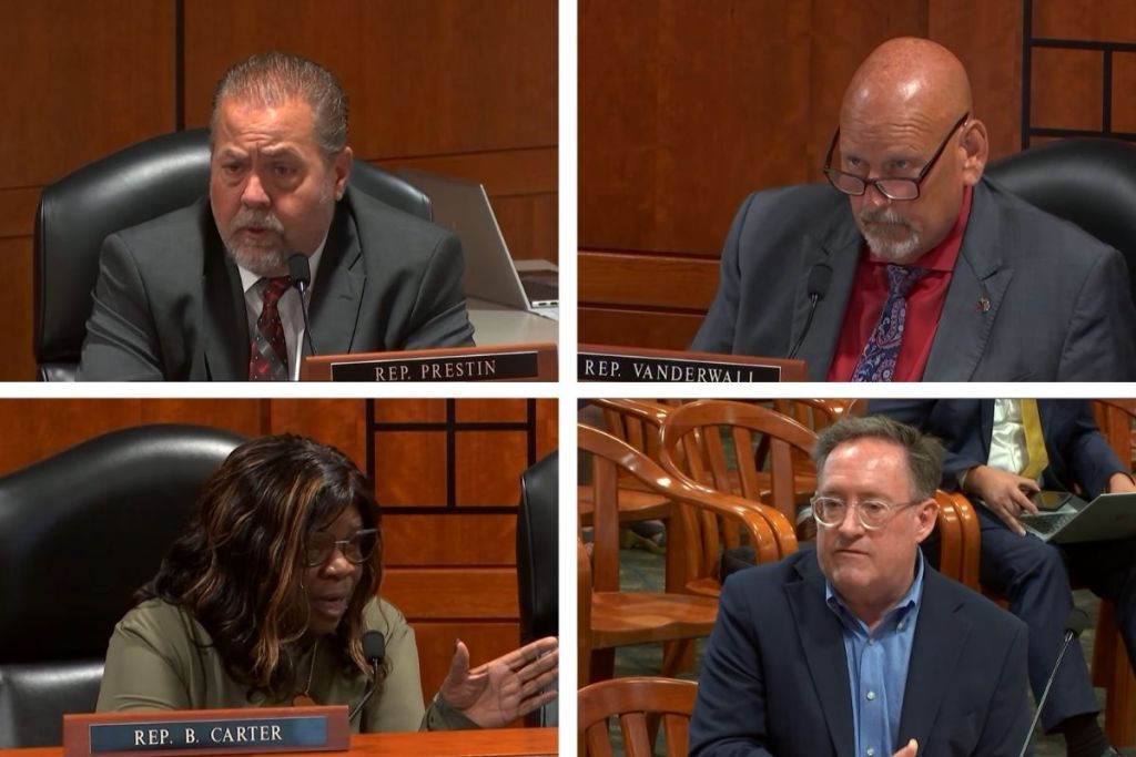 Four-panel collage showing Michigan lawmakers Rep. Prestin, Rep. VanderWall and Rep. B. Carter, along with another man, speaking during a legislative committee hearing.