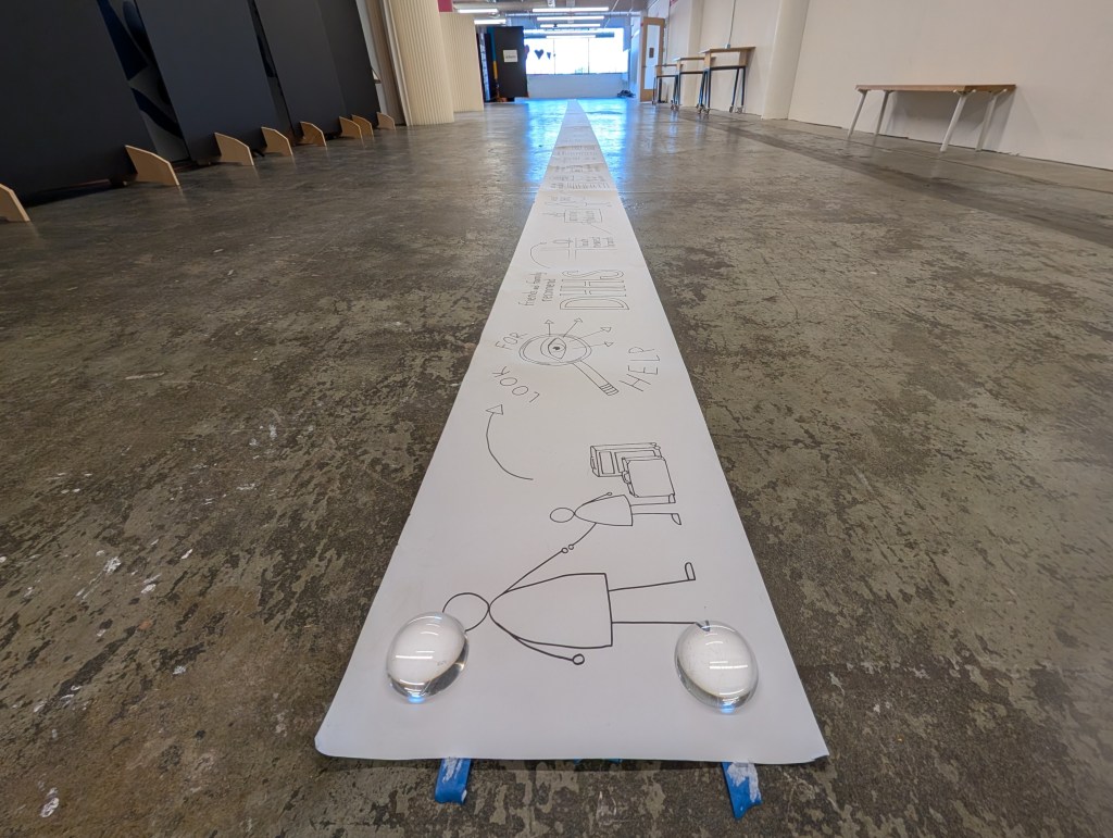 drawings on a very long sheet of white paper