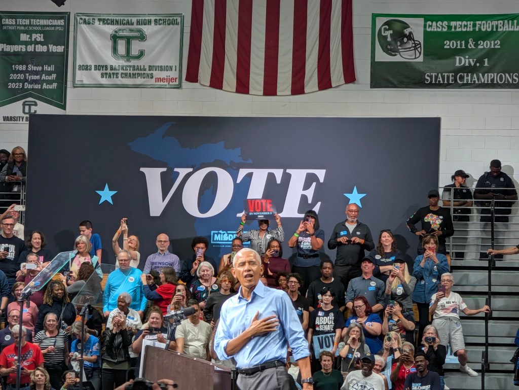 Former President Barack Obama addresses voters during a rally in Detroit. (Lauren Gibbons/Bridge Michigan)
