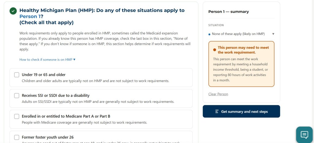 screenshot of an online screening tool
